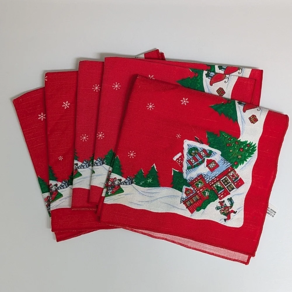 Vintage Sunweave Linen Christmas Boy Delivering Presents Cloth Napkins 5